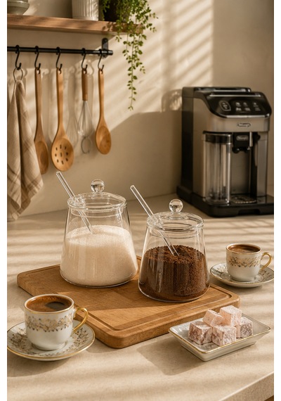Porsima Lm-0019 Kaşıklı Kapaklı Cam 2li Şekerlik Sunumluk Seti Bal Ve Reçel Kavanozu Saklama Kabı 500ml Şeffaf