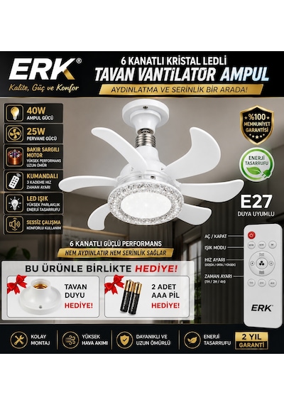 Erk E27 Duya Takılabilen Tavan Vantilatörü Kristal Ledli Kumandalı 6 Kanatlı 3 Renk Işıklı Fan 1