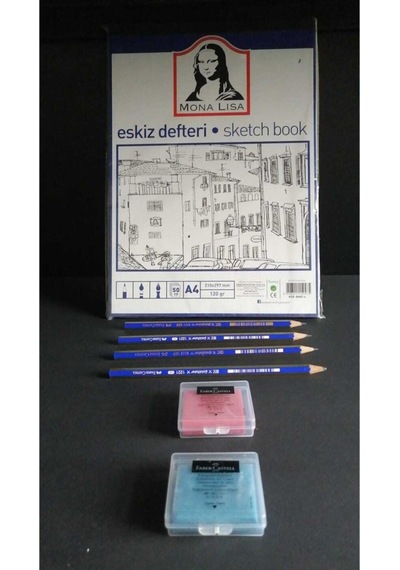 Çizim Defteri 120 Gr 50 Sayfalı A4 Ebatlarında + 4 Adet Dereceli Kalem +2 Adet Hamur Silgi