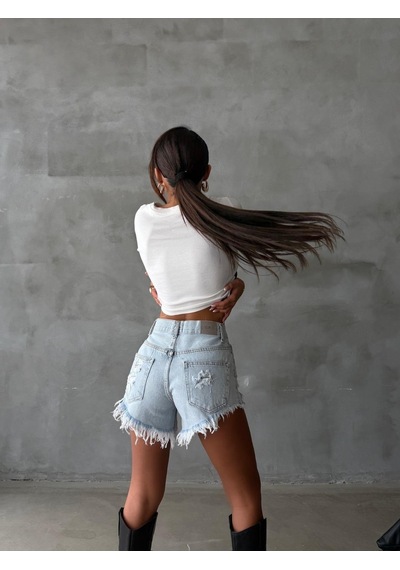 HerTon Kadın Yüksek Bel Yırtık Detaylı Kot Şort Paçası Yoğun Püsküllü Denim Mini Şort