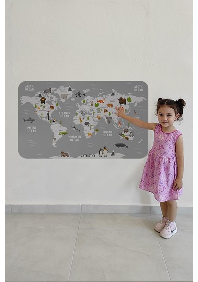 Eğitici Dünya Haritası Dünya Atlası Çocuk Ve Bebek Odası Duvar Sticker-60x105-3794 - Renkli Çok Renkli