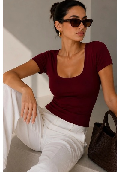 Bb Butik Basic Soft Touch Kare Yaka Body Tulum Astarlı Md3535 Bordo