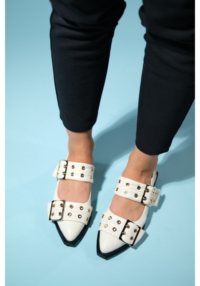 Luvishoes Paloma Ekru Cilt Tokalı Kadın Sandalet Ekru