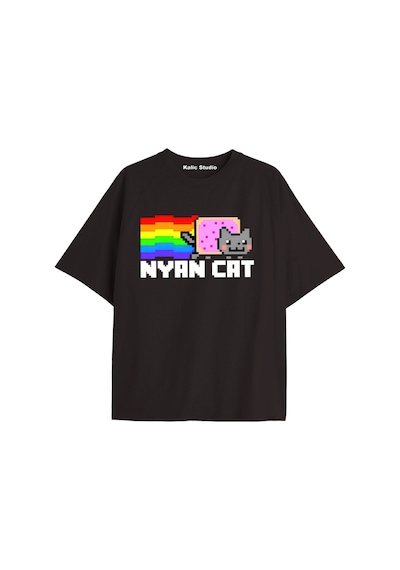 Kalic Studio Nyan Nyan Cat Oversize Unisex T-shirt Siyah Metalik