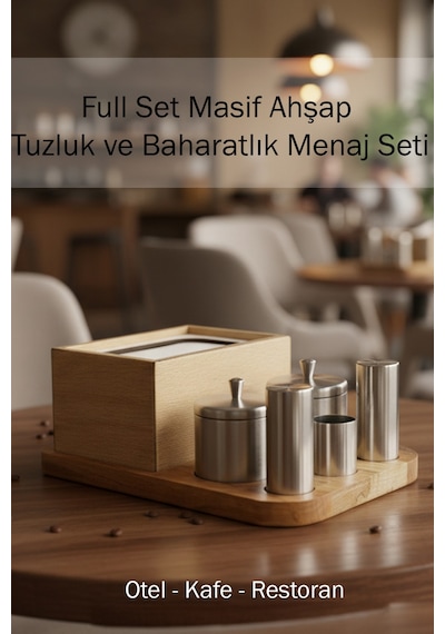 Tam Set Masif Ahşap Otel Restoran Kafe Lokanta Baharatlık Tuzluk Menaj Seti Paslanmaz Çelik Diğer