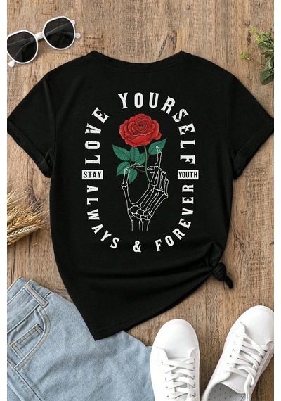 Spoyi Forever Rose Tasarımlı %100 Pamuk Yarım Oversize Siyah T-shirt