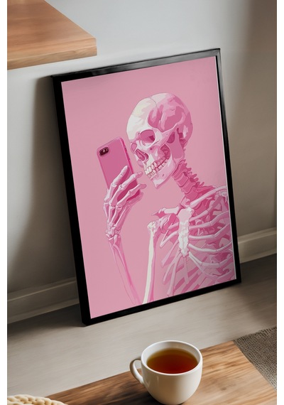 İskelet Selfie Doğal Ahşap Çerçeveli Poster, Dekoratif Pembe Duvar Tablosu