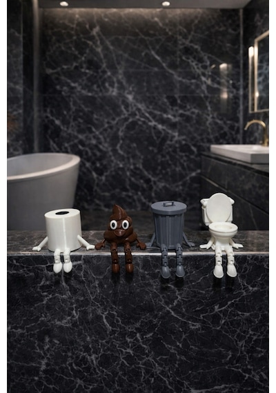 3dprototürk 4'lü Eğlenceli Banyo Dekoratif Figür Seti /tuvalet Kağıdı, Kaka Emojisi, Çöp Kovası, Klozet Aksesua