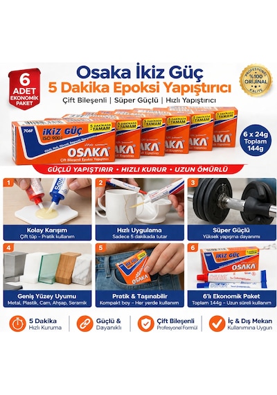 Osaka İkiz Güç 5 Dakika Epoksi Yapıştırıcı Çift Bileşenli Güçlü Hızlı Yapıştırıcı 6 Adet