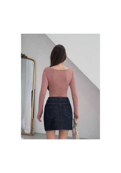Paw Garage Kadın V Yaka Polyamid Bodysuit Gül Kurusu
