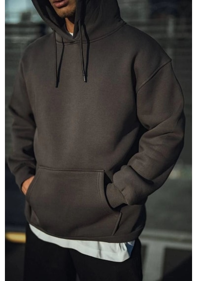 Mbb E-ticaret Erkek 3 İplik Pamuklu Kapüşonlu Basic Sweatshirt Hoodie - Füme