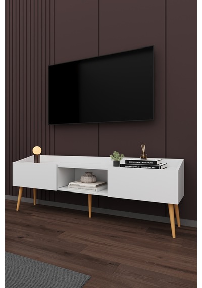 Asra Trend Tv Ünitesi Tv Sehpası T-28 %100 MDF Ayaklı Modern Medya Ünitesi Beyaz