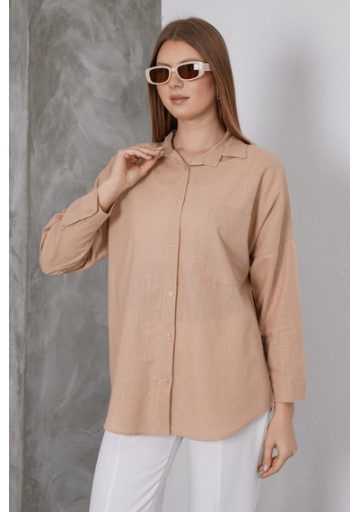 Paw Garage Kadın London Keten Tek Cepli Oversize Gömlek, Premium Kalite Keten Gömlek Açık Kahve