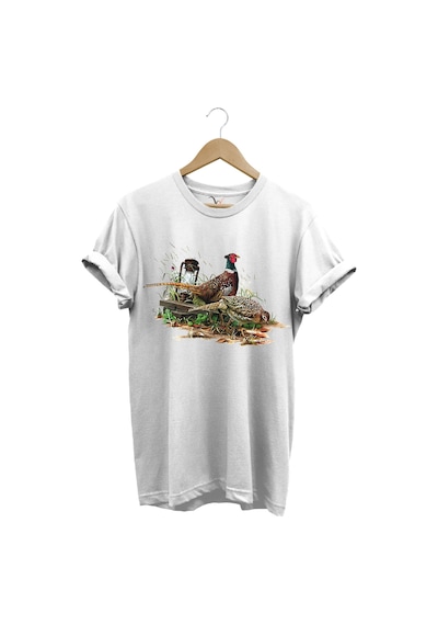 Avcılık Halka Boyunlu Bayağı Sülün Tavus Kuşu Doğa Ağaç Baskılı Regular Fit Beyaz T-shirt Beyaz