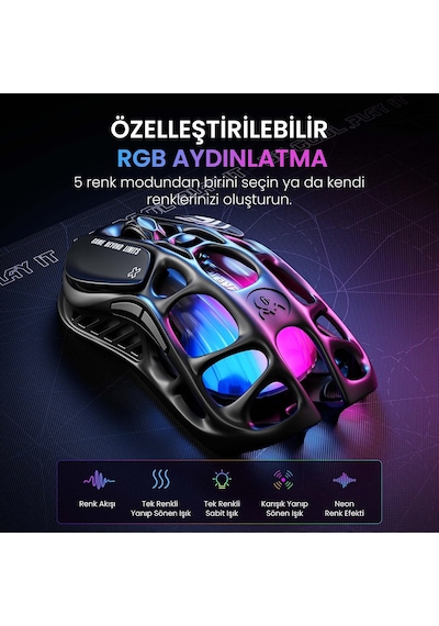 Mercury M2 Oyun Faresi - 26.000 Dpı Optik Sensörlü Mmo Bilgisayar Oyun Faresi - 78g Hafif İçi Boş Tasarım - 5 Programlanabilir Düğme - 5 Rgb Modu - Gizli Siyah