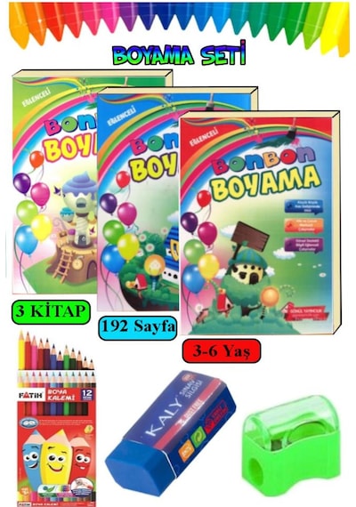 Boyama Kitabı Kalın 1 Paket 3-6 Yaşa Uygun Boyama Kitabı 192 Sayfa Çek Kopar Boya Kuruboya Silgi Kalemtıraş Okul Öncesi