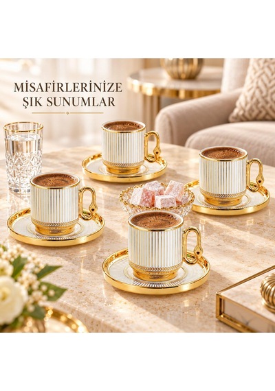 Valkyrie 12 Parça 6 Kişilik Türk Kahvesi Fincan Takımı 80ml Gold Detaylı 6 Fincan 6 Tabak K651-a