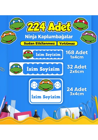 Ninja Kaplumbağalar Temalı Okul Kreş Kişiye Özel İsim Etiket Seti - Model 197 Çok Renkli