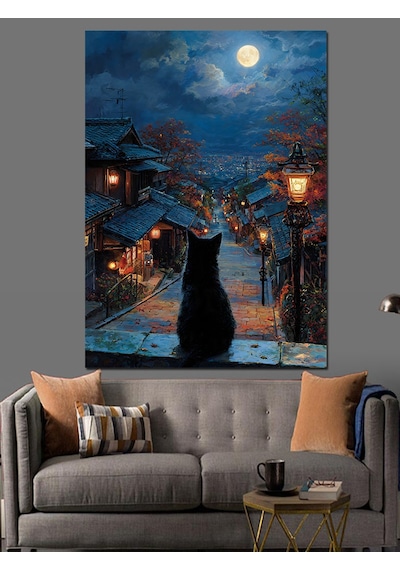 Ahşap Tablo Sokakta Duran Kedi Silüeti