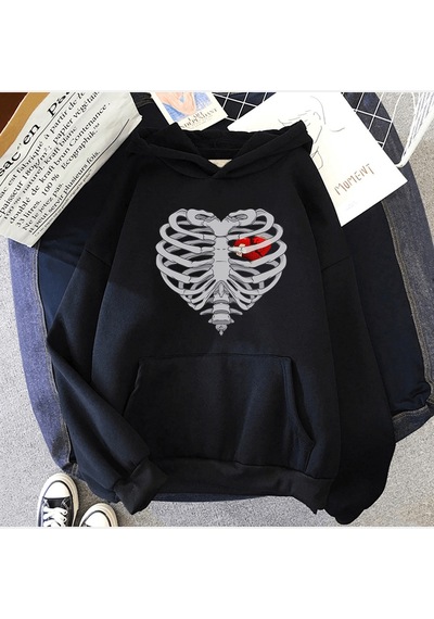 İskelet Kalp Kapşonlu Sweatshirt Siyah