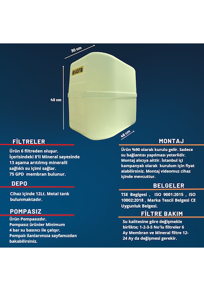 13 Aşamalı 12 Litre Beyaz Kapalı Kasa  Pompasız Su Arıtma Cihazı