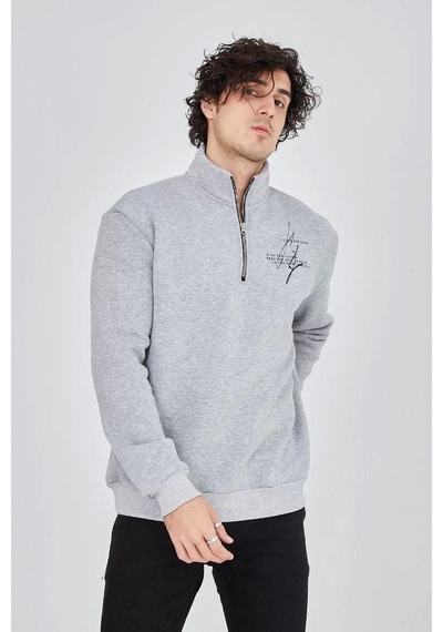 Erkek Yarım Fermuarlı Baskılı Sweat - Gri Gri