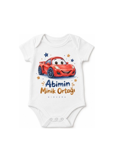 Gıovera Abimin Minik Ortağı Spor Araba Baskılı Beyaz Pamuklu Bebek Zıbın Body