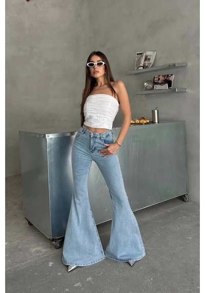 Extra Geniş Paça Yüksek Bel Likralı İspanyol Jeans Buz Mavi