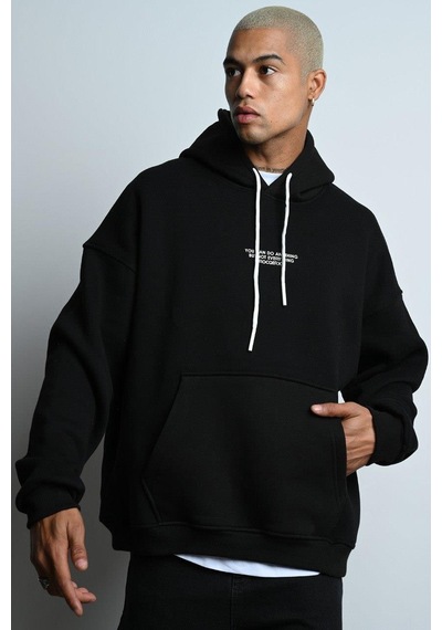 Oversize Kapşonlu Kanguru Cepli İçi Polarlı 3 İplik Erkek Sweatshirt Siyah