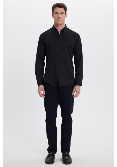 Tudors Erkek Slim Fit Dar Kesim Düz Oxford Armalı Yaka Düğmeli Siyah Spor Gömlek-42019 Siyah