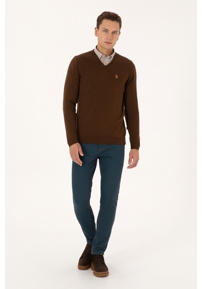 U.S. Polo Assn. Erkek Slim Fit V Yaka Kahverengi Basic Triko Kazak 50313662-VR029