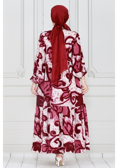 Sevitli Kuşaklı Lilyum Viscon Elbise-bordo-3999-bordo Bordo