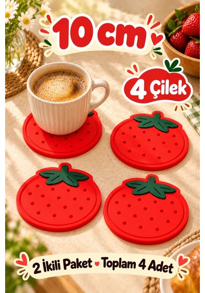 4'lü Çilek Desenli Bardak Altlığı Seti 10 Cm Kahve Ve Çay Fincan Altlığı Renkli Masa Sunum Aksesuarı Çok Renkli