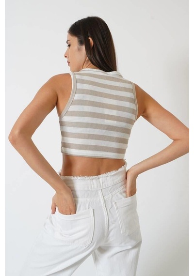 Ckm Moda Adrian Yüksek Kalite Kadın Yuvarlak Yaka Çizgili Crop Bluz Ekru