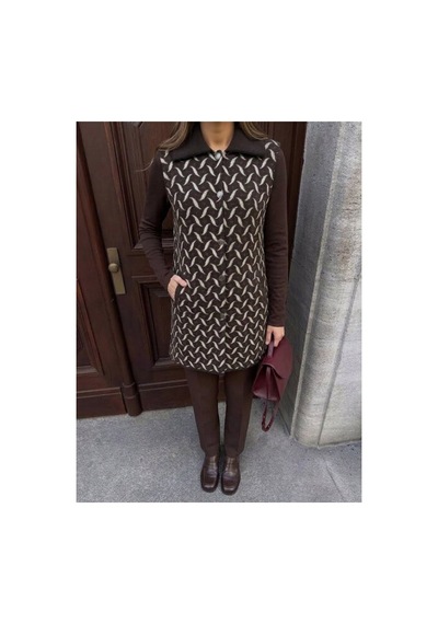 Onno Style Women Desenli Çelik Örgü Uzun Triko Kadın Yelek Kaban Kahverengi