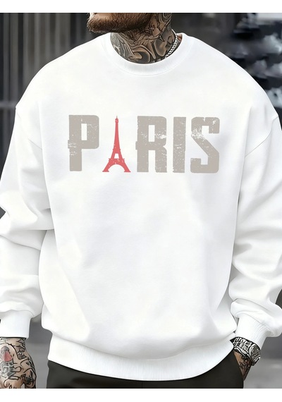 Startmore Tarzsokak Ünlü Paris Kulesi Desen Kazak Erkekler O-boyun Giysileri Sonbahar Polar Retro Kazak Gevşek Un Beyaz