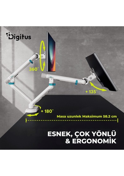Özel Tasarım Çiftli Monitör Kolu Max 35" 10kg Taşıma Kapasiteli Mekanik Yaylı Hızlı Vidasız Montaj
