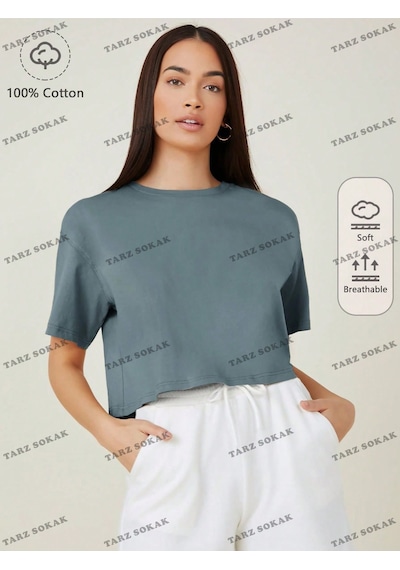 Flood Of Style Crop Ckod-232913 Pamuk Damla Omuz Düz Mavi
