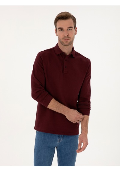 Bordo Regular Fit %100 Pamuk 3 İplik Polo Yaka Sweatshirt Kırmızı