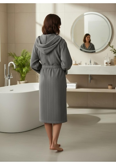 Saten Çizgili Unisex Pamuklu Bornoz Antrasit