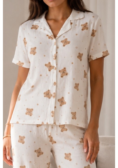 Kadın Loose Uzun Paça Pamuk Kırık Beyaz Pijama Takımı