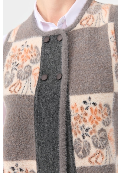 Desen Triko Kadın Sıfır Yaka Patchwork Arkası Keçe Kısa Yün Yelek 24074 Füme Füme