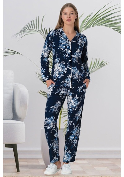 Lohusa Sepeti Lohusasepeti Çiçekli Önden Düğmeli Lohusa Pijama Takımı Lacivert - 5924 001