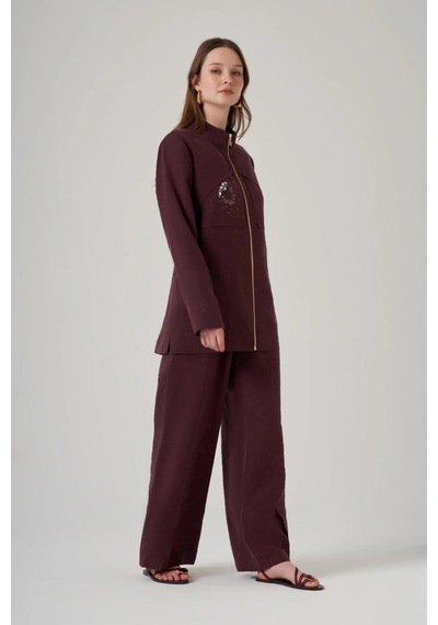 Nuss 1054 Cep Taş İşlemeli Pantolonlu Takım - Mürdüm Mürdüm