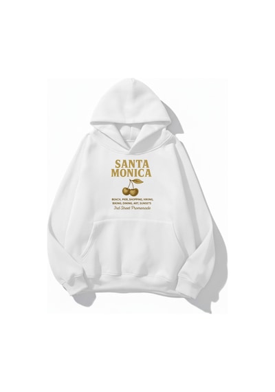 Uyguntarz Unisex Yumuşak Dokulu Santa Monica Baskılı Tasarım Oversize 3 İplik Hoodie Sweatshirt beyaz