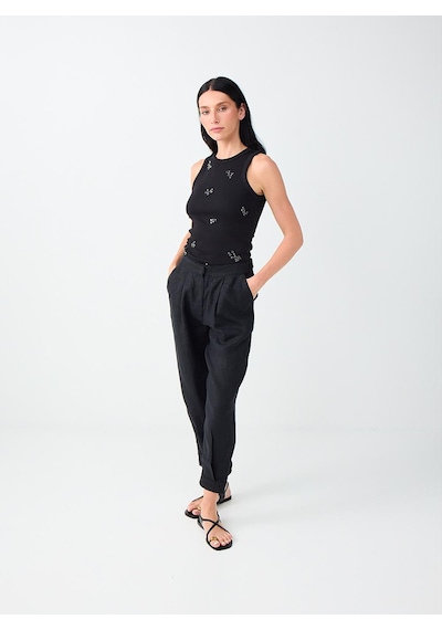 Jimmy Key Siyah %100 Keten Paça Detaylı Yüksel Bel Pantolon 6sw187259900