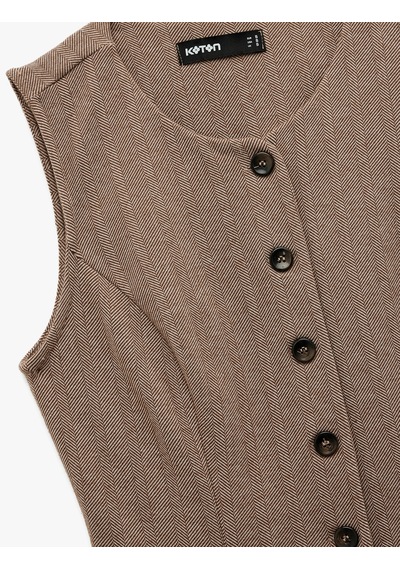 Koton Slim Fit Bisiklet Yaka Düğmeli Desenli Yelek Bej 6wak30111ek Ekru