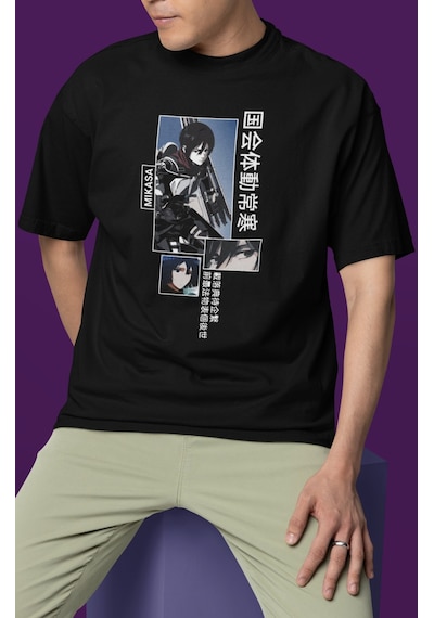 Sevbano Tasarım Mikasa Ackerman Baskılı Unisex Oversize Attack On Titan A Siyah