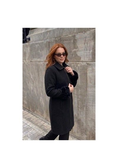 Onno Style Women Kol Ağzı Kürklü Çelik Örgü Triko Kadın Kaban Siyah