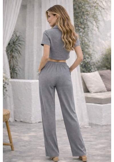 Mekaizen Kadın Fitilli Kumaş Polo Yaka Crop Üst & Bol Paça Pantolon Takım Gri